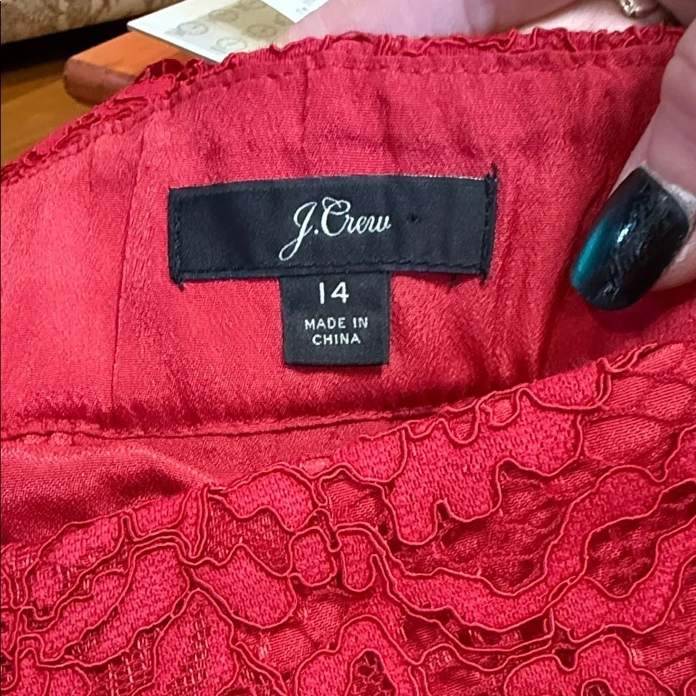 J. Crew Red Lace Pintuck Below Knee Pencil Skirt size 14